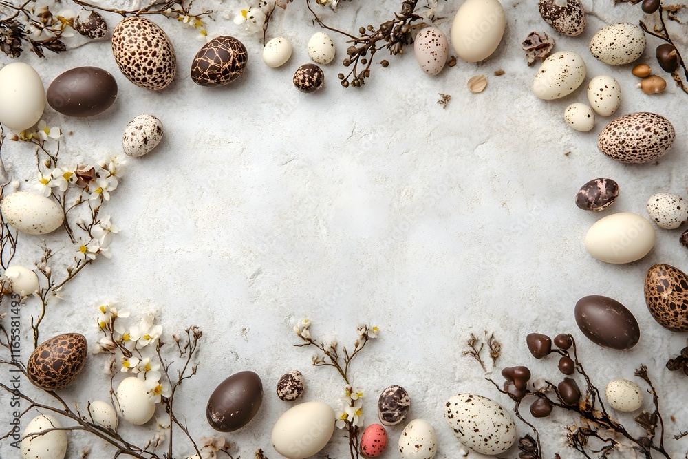 Obraz premium Easter border with robin's eggs and chocolate eggs with free space for text