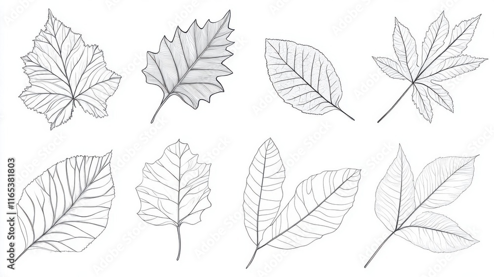 Obraz premium Delicate Leaf Sketches: A Collection of Hand-Drawn Botanical Illustrations