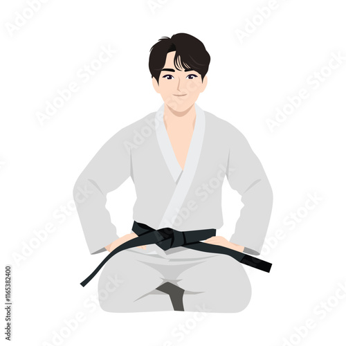 Young Black Belt karate man sit on a position. Flat vector character illustration