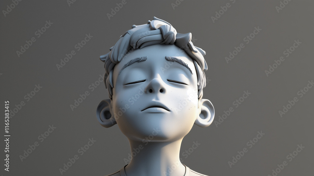 Stylized 3D Illustration of a Meditative Boy with Closed Eyes, Ideal for Mindfulness and Relaxation Themes Stylized 3D Illustration of a Meditative Boy with Closed Eyes, Ideal for Mindfulness and Relaxation Themes