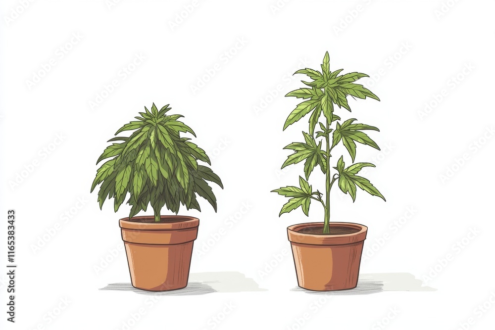 Two Cannabis Plants in Different Sized Pots Two Cannabis Plants in Different Sized Pots