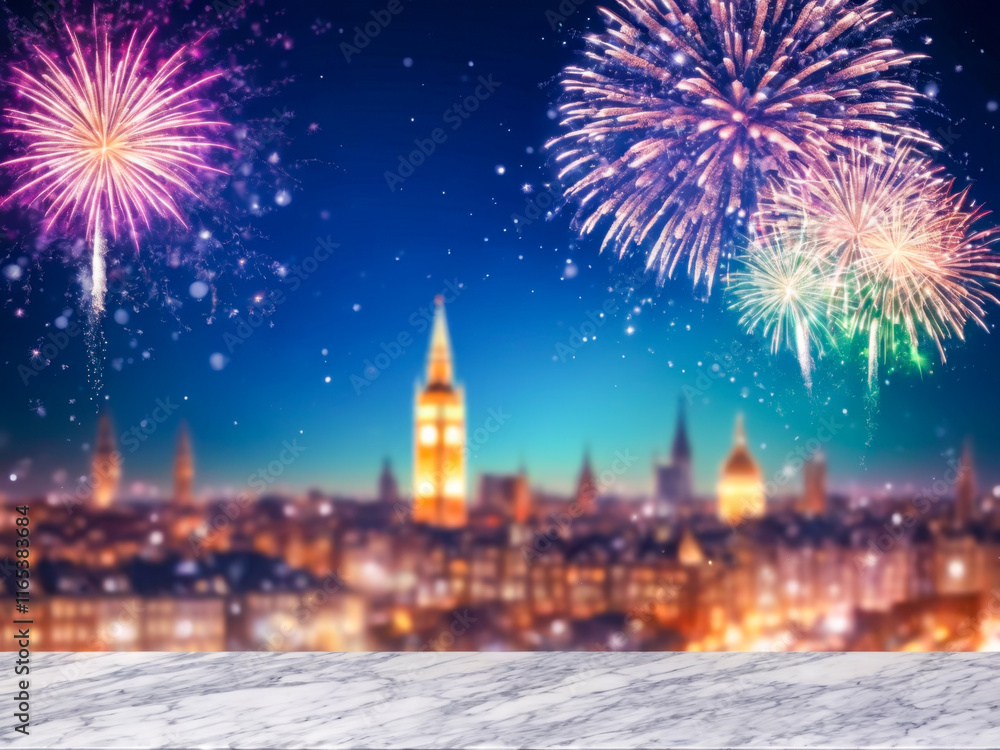 Fototapeta premium Festive Fireworks over Cityscape with Marble Tabletop.