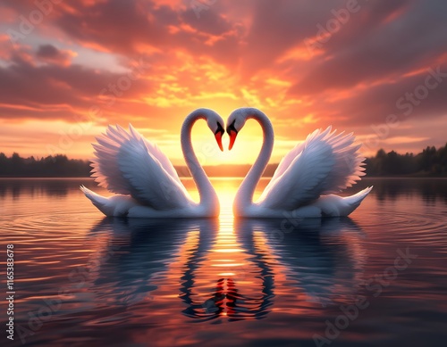 Two Swans Forming a Heart at Sunset: Romantic Watercolor Painting photo