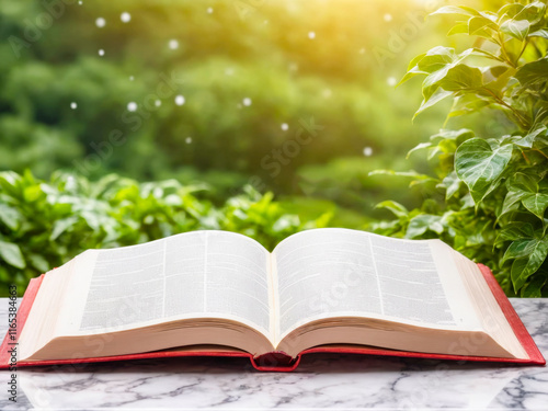 Open Book on Marble Table with Green Nature Background.