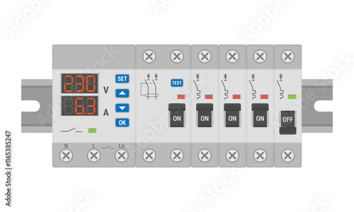 Electrical control panel with voltage relay and circuit breakers mounted on a DIN rail. Vector illustration isolated on white