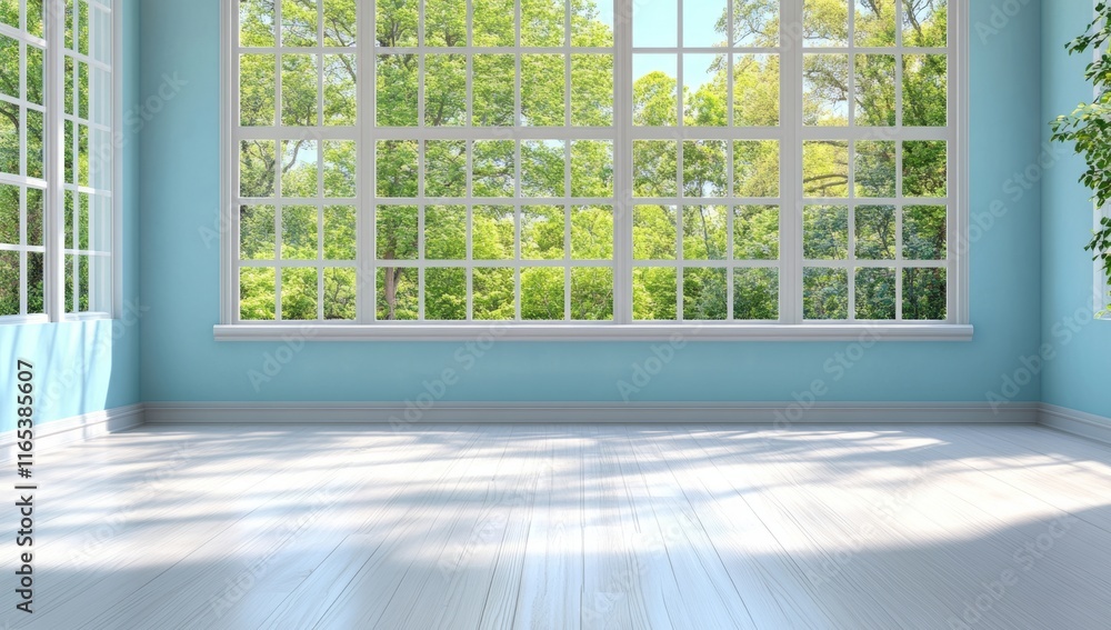 Empty Room with Floor-to-Ceiling Windows, Light Blue Walls, and White Tile Empty Room with Floor-to-Ceiling Windows, Light Blue Walls, and White Tile