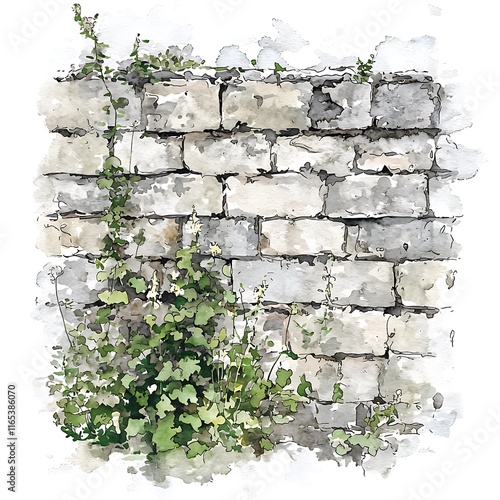 Watercolor painting of a stone wall with climbing plants and wildflowers.