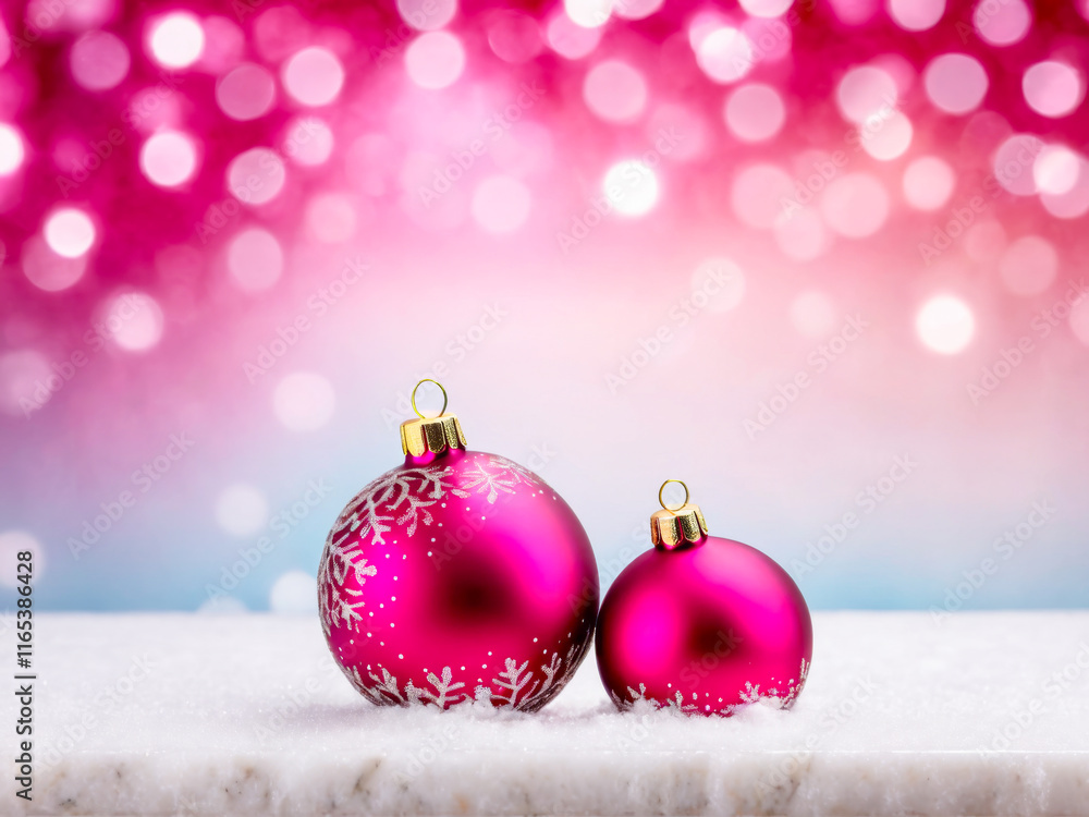 Fototapeta premium Pink Christmas Ornaments on Snowy Surface with Bokeh Background.