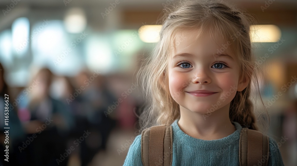 Cute Smiling Girl with Braided Hair and Backpack in Classroom Setting, Radiating Joy and Innocence, Captured with Soft Focus on Background Elements Cute Smiling Girl with Braided Hair and Backpack in Classroom Setting, Radiating Joy and Innocence, Captured with Soft Focus on Background Elements