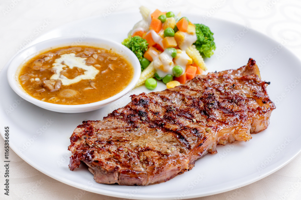 A perfectly grilled steak with grill marks, served with a side of steamed vegetables and a creamy mushroom sauce in isolated white background A perfectly grilled steak with grill marks, served with a side of steamed vegetables and a creamy mushroom sauce in isolated white background