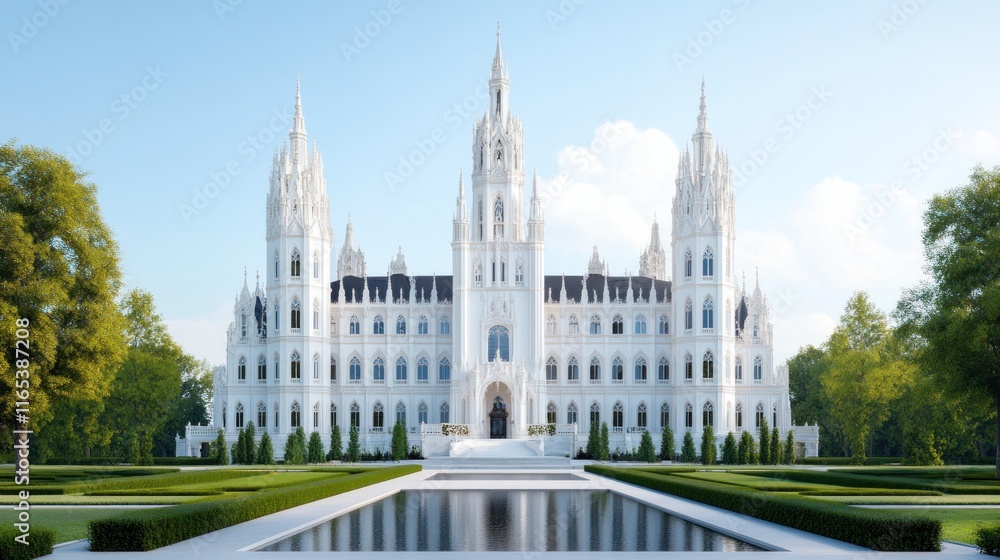 Majestic white castle with spires and a reflecting pool. Majestic white castle with spires and a reflecting pool.
