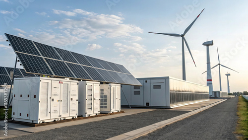 Sustainable energy landscape featuring solar panels and wind turbines, showcasing innovative technology for greener future