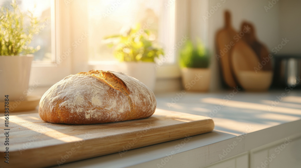 Freshly baked bread on a cutting board at kitchen, copy space Freshly baked bread on a cutting board at kitchen, copy space