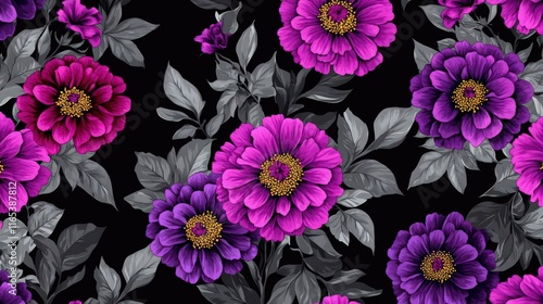 A zinnia-inspired seamless pattern with deep purple and magenta blooms, paired with muted gray foliage on a charcoal black background for a dramatic touch. photo