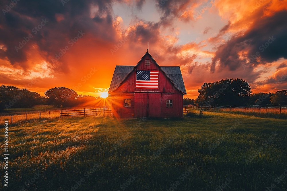 Red barn with American flag at sunset. (1) Red barn with American flag at sunset. (1)