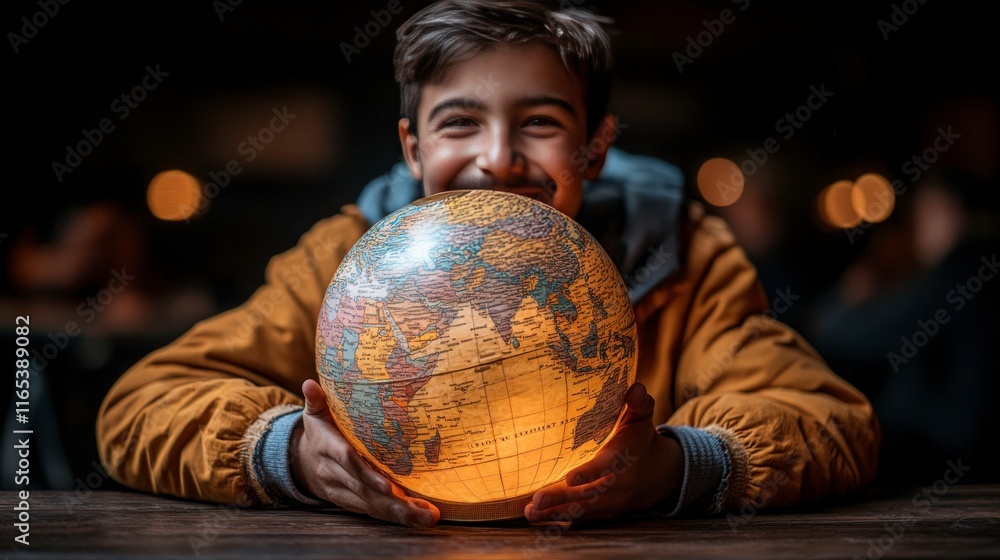 Young Boy Smiling While Holding a Glowing Globe in a Cozy Environment, Representing Exploration and Adventure in Learning About the World Young Boy Smiling While Holding a Glowing Globe in a Cozy Environment, Representing Exploration and Adventure in Learning About the World