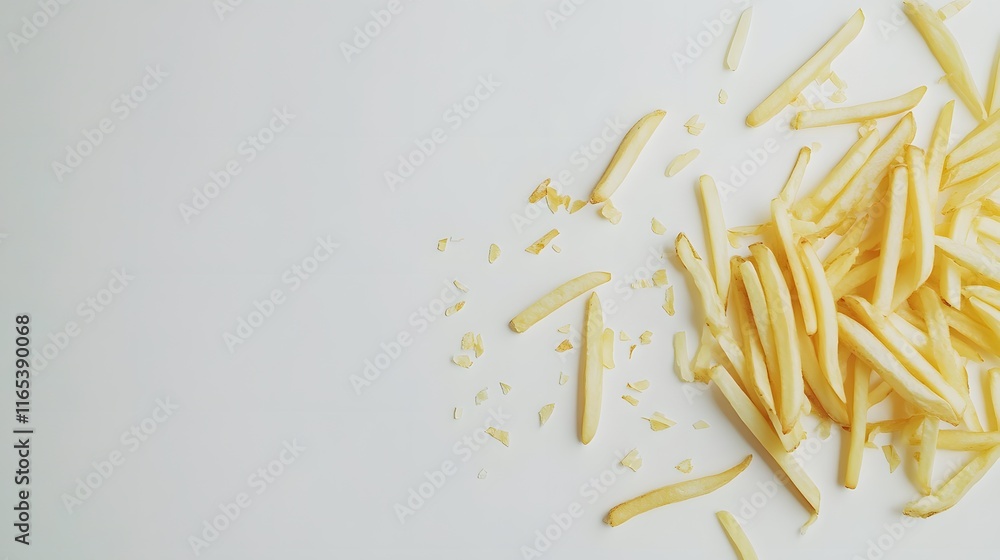 Obraz premium Golden French Fries Scattered on White Background