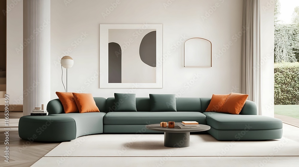 A Minimalist living room. A modern, stylish living room features a curved green sofa with orange cushions, a minimalist coffee table, and an elegant decor. A Minimalist living room. A modern, stylish living room features a curved green sofa with orange cushions, a minimalist coffee table, and an elegant decor.