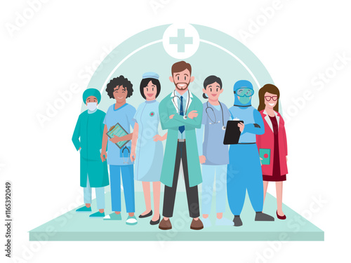 healthcare workers together illustration diverse confident united adversity background clipart doctor nurse