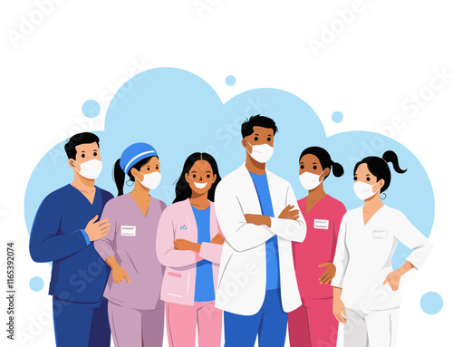 healthcare workers together illustration diverse confident united adversity background clipart doctor nurse