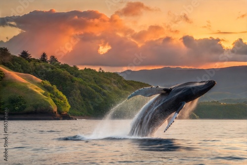 Jumping humpback whale over water. Madagascar. At sunset. Waters of the island of St. Mary. photo