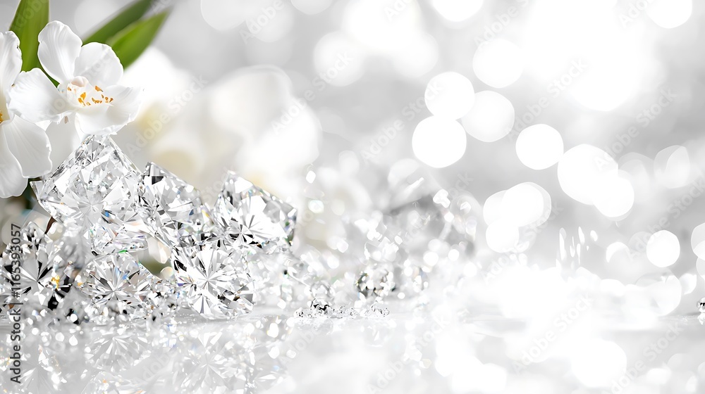 Sparkling ice crystals and white flowers on a shiny surface. Sparkling ice crystals and white flowers on a shiny surface.