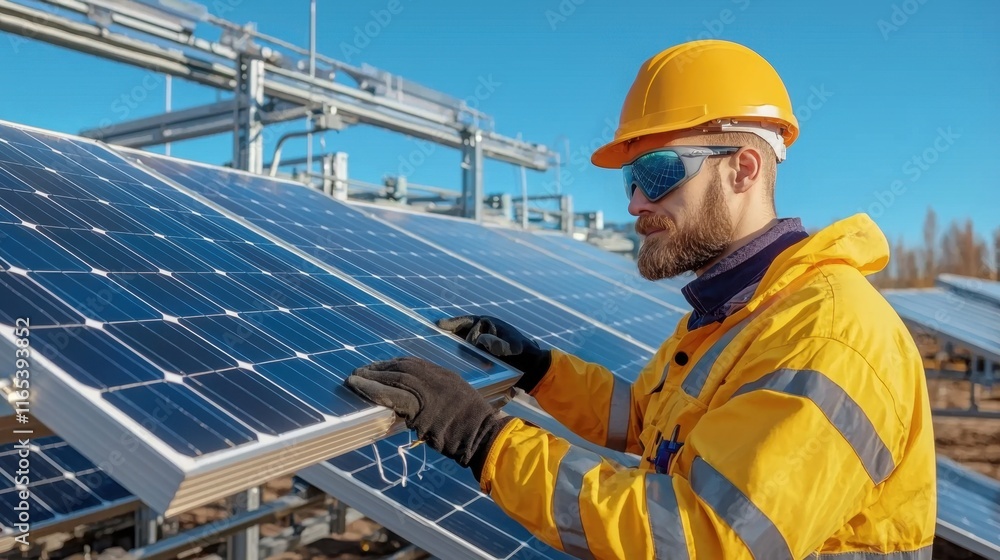 Engineer working on solar panel installation. Engineer working on solar panel installation.