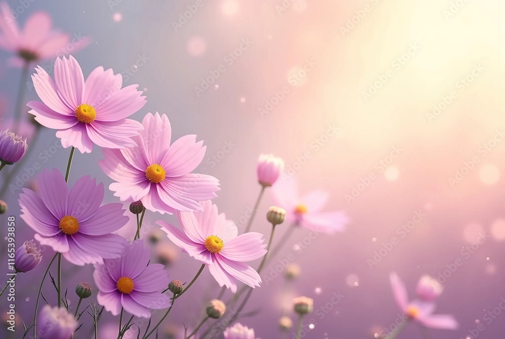 Naklejka premium Spring time theme. Light purple Cosmos flowers blooming on the field with blur background with space for texts. Use for banner, greeting, invitation card. 