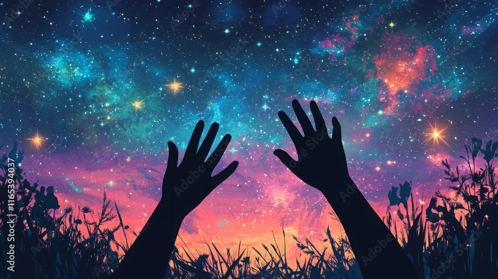 Reaching for the stars. A surreal image of a person's hands reaching towards a vibrant night sky. Reaching for the stars. A surreal image of a person's hands reaching towards a vibrant night sky.