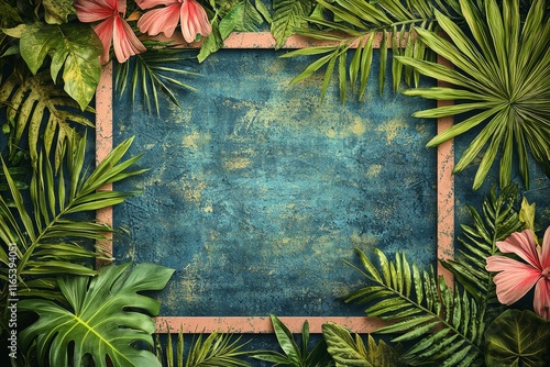 Tropical foliage and flowers frame a textured background