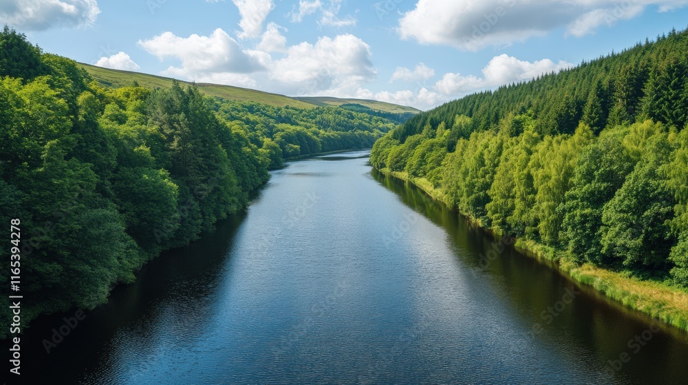 Fototapeta premium Serene River Flowing Through Lush Green Forests Under Bright Blue Sky