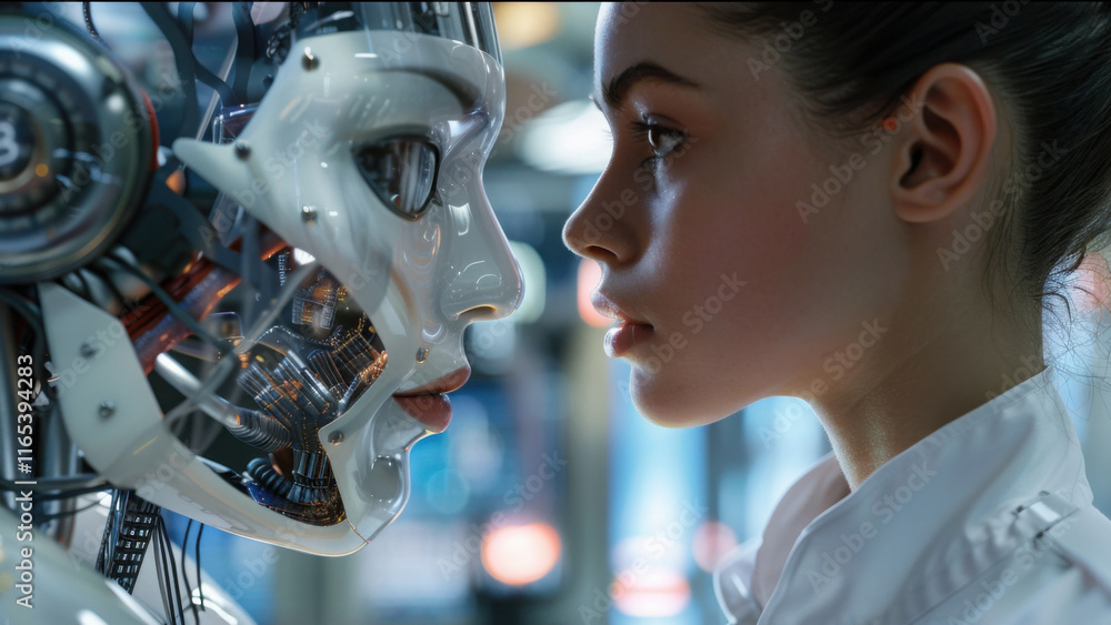 Fototapeta premium Close-up of a human and robot face in an intense stare, symbolizing the connection between humanity and artificial intelligence. Copy space