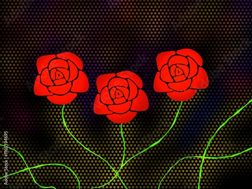 Illustration of roses - floral elements - black background of red green color halftone dots 