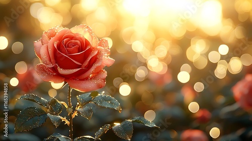 Dew-kissed rose in sunset garden, bokeh background.