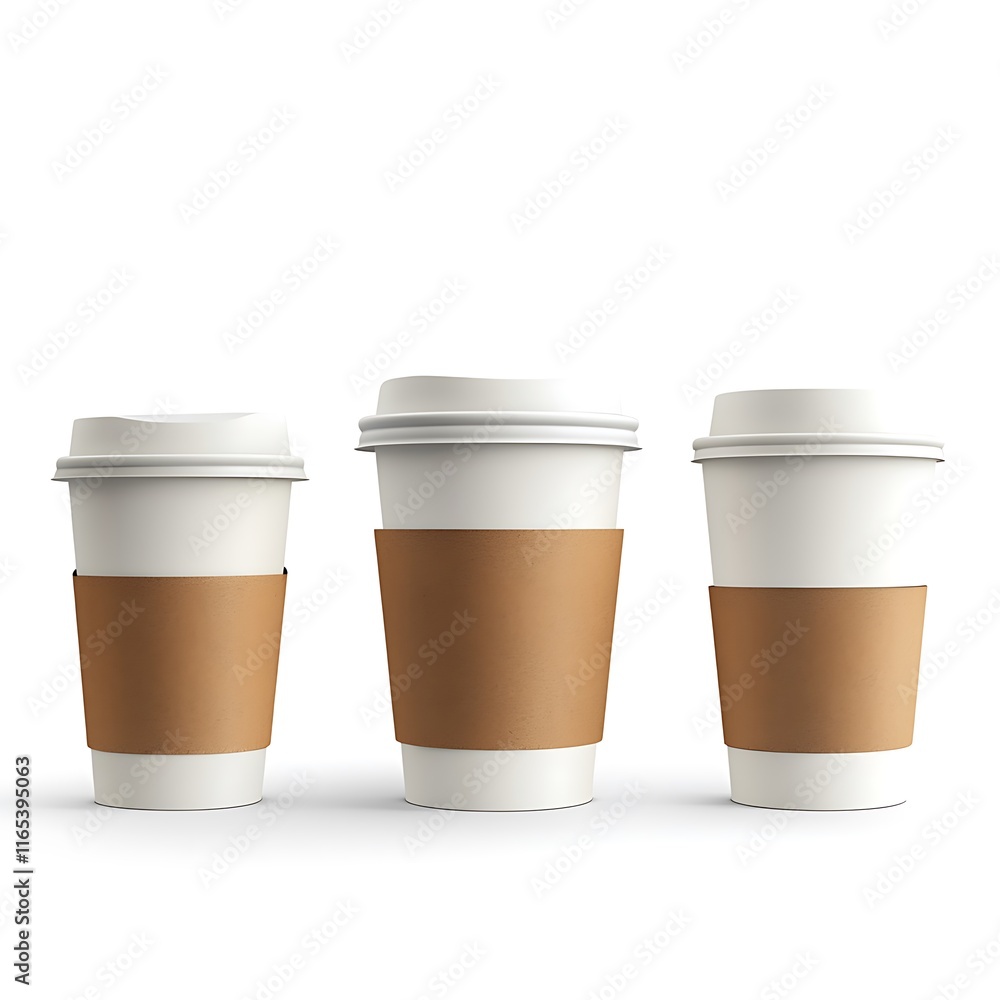 Three paper coffee cups with floral pattern isolated on white background. Vector illustration. Three paper coffee cups with floral pattern isolated on white background. Vector illustration.