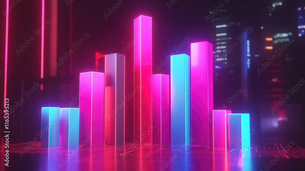 Abstract D financial bar chart with neon-colored bars and a digital background, symbolizing market analysis and financial growth