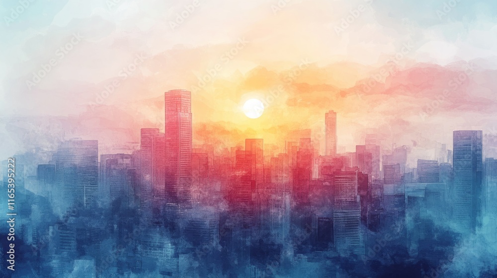 Cityscape at sunrise, painted in warm and cool tones. The sun peeks over the buildings, creating a serene and peaceful mood. Cityscape at sunrise, painted in warm and cool tones. The sun peeks over the buildings, creating a serene and peaceful mood.
