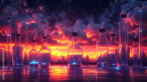 Glass bottles filled with water illuminated by vibrant sunset colors highlighting a dramatic skyline and reflecting on a serene surface in a magical atmosphere