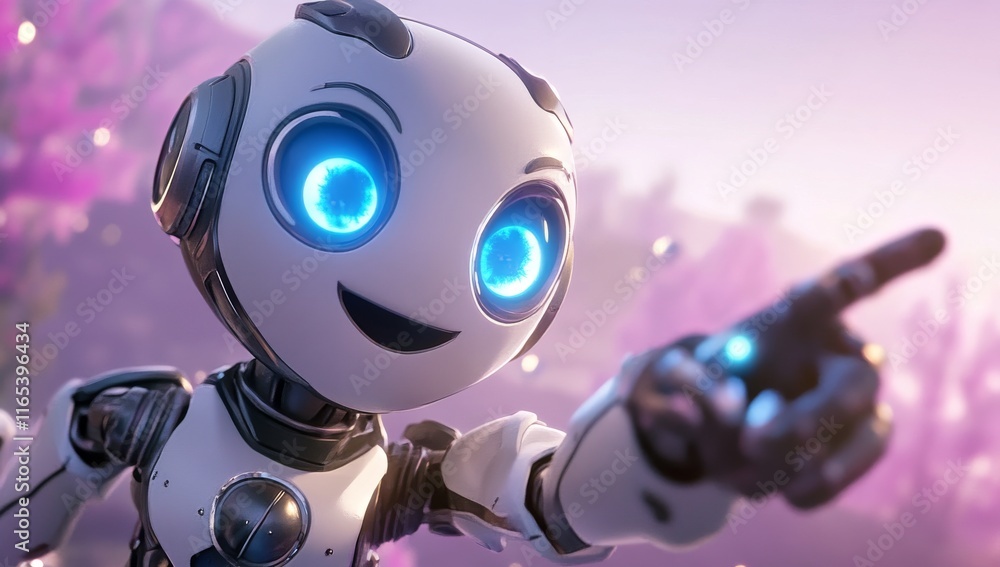 Fototapeta premium Cute White Robot with Blue Glowing Eyes Pointing and Smiling at You