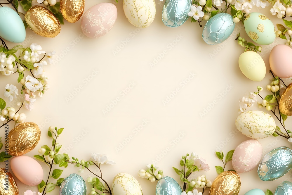 Easter border with robin's eggs and chocolate eggs with free space for text Easter border with robin's eggs and chocolate eggs with free space for text
