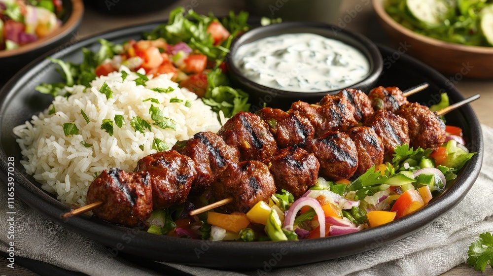 A beautifully arranged plate of kebabs with a side of rice, fresh salad, and tangy yogurt sauce, highlighting the colorful ingredients and the art of presentation in a cozy restaurant setting. A beautifully arranged plate of kebabs with a side of rice, fresh salad, and tangy yogurt sauce, highlighting the colorful ingredients and the art of presentation in a cozy restaurant setting.