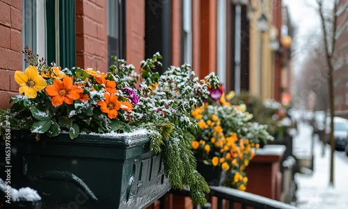 Wallpaper Mural Vibrant flower boxes adorned with light snow. Torontodigital.ca