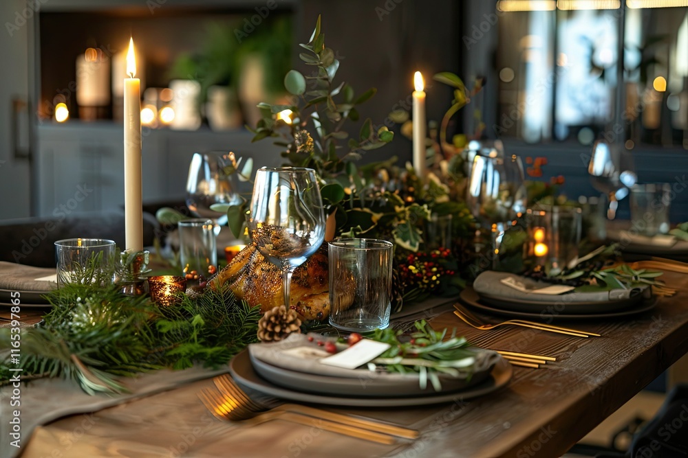 Festive organic Christmas dinner table with natural decor and seasonal dishes. Festive organic Christmas dinner table with natural decor and seasonal dishes.