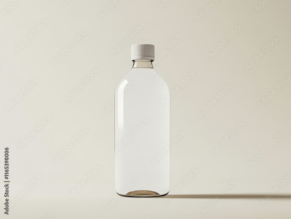 A clear plastic bottle filled with liquid, set against a neutral background. A clear plastic bottle filled with liquid, set against a neutral background.