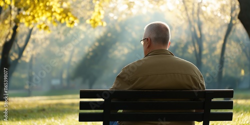 Fototapeta Naklejka Na Ścianę i Meble -  An older man sits on a park bench, looking out at the trees. The scene is peaceful and serene, with the man enjoying the quiet moment in nature