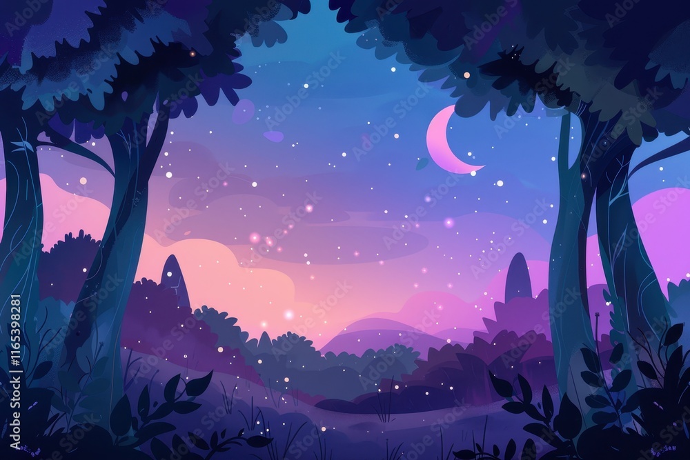 Naklejka premium A Nighttime Forest Landscape with a Crescent Moon and Stars