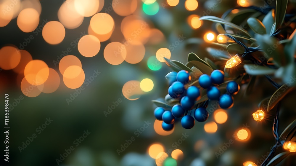 Blue Berries Adorn Festive Lights On Greenery Blue Berries Adorn Festive Lights On Greenery