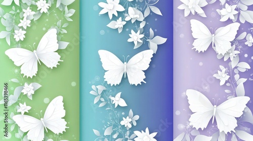 Vector illustration, three different color background designs with white butterflies and a delicate paper cutout effect.  photo