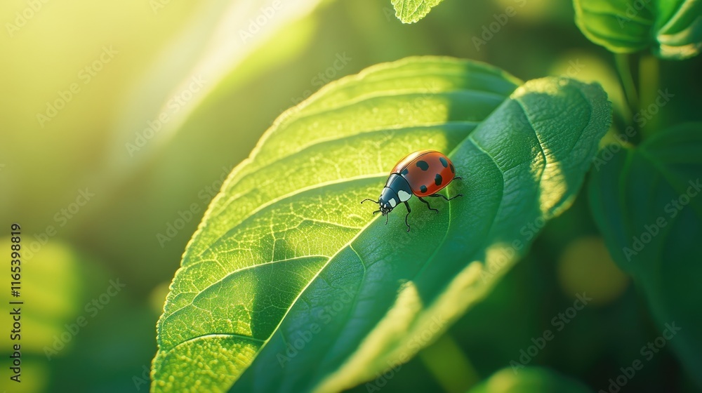 A close-up of a vibrant green leaf with a tiny ladybug crawling across its surface, the sunlight creating soft shadows and highlighting the leaf's texture. A close-up of a vibrant green leaf with a tiny ladybug crawling across its surface, the sunlight creating soft shadows and highlighting the leaf's texture.