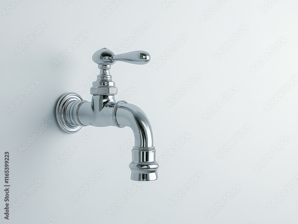 A chrome faucet mounted on a wall, designed for water flow control. A chrome faucet mounted on a wall, designed for water flow control.